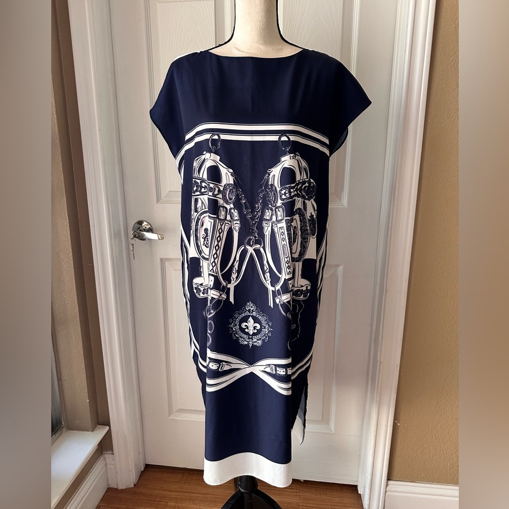 Chic Asymmetrical Navy Dress with Equestrian Design